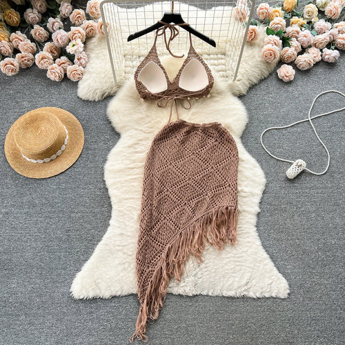 Load image into Gallery viewer, Vacation Sexy Suits Strapless Halter Backless Bikini+Drawstring Tassel Skirt Women Beach Knitted Two Pieces Suits
