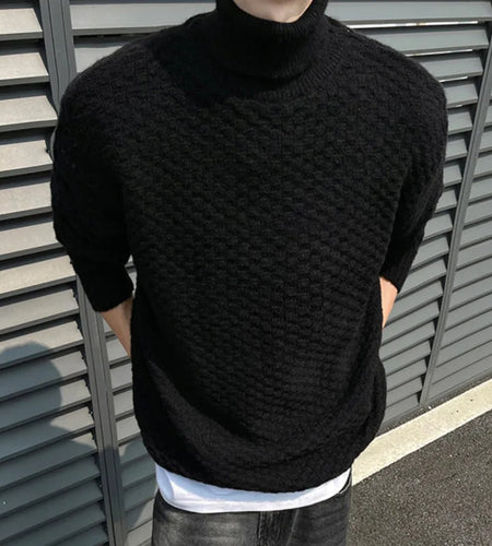 American Turtleneck Jacquard Knit Sweater Loose Pullover Solid Color Simple Men's Knits Autumn Winter Fashion Tide 9C8931