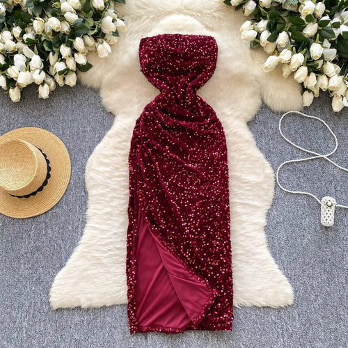 Load image into Gallery viewer, French Women Red Sequin Backless Birthday Party Strapless Split Long Dress Summer Elegant Sexy Sleeveless Pleated Evening Dress
