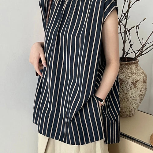 Load image into Gallery viewer, Women Black Striped Big Size Elegant Blouse New Stand Collar Sleeveless Shirt Fashion Tide Spring Summer  2025 1DJ1185
