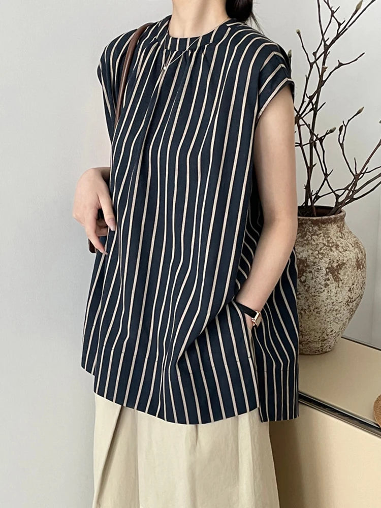 Women Black Striped Big Size Elegant Blouse New Stand Collar Sleeveless Shirt Fashion Tide Spring Summer  2025 1DJ1185