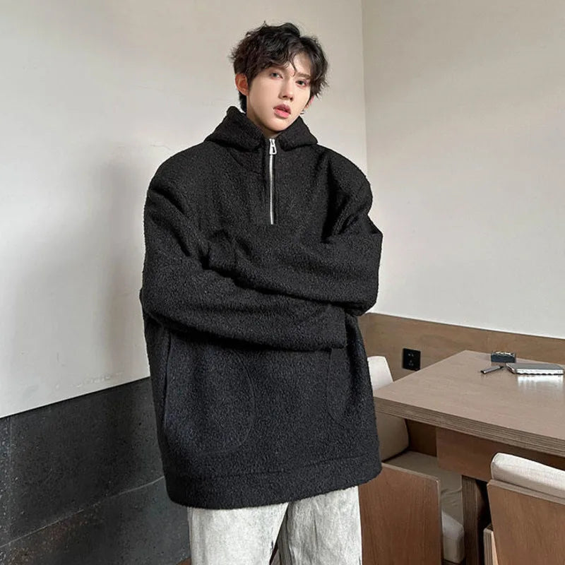 Woolen Hooded Men's Fashion Coat Zipper Pockets Solid Color Pullover Streetwear Loose New Chic Male Hoodies 2024  9C9032