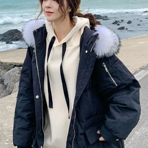 Load image into Gallery viewer, Casual Solid Color Loose Fur Hooded Female Thick Beige Black Coat Women Korean Long Parkas Winter Cotton Jacket Women
