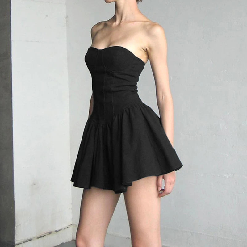 Fashion Strapless Black Birthday Pleated Dress Women Off Shoulder Folds Summer Party Dresses Mini Elegant Sexy Corset