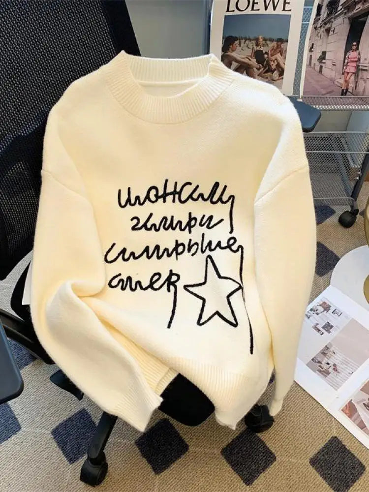 Women's Letters Star Shaped Long Sleeve Round Neck Sweater Autumn Winter Elegant Festival Versatile Knitted Thick Pullover Tops