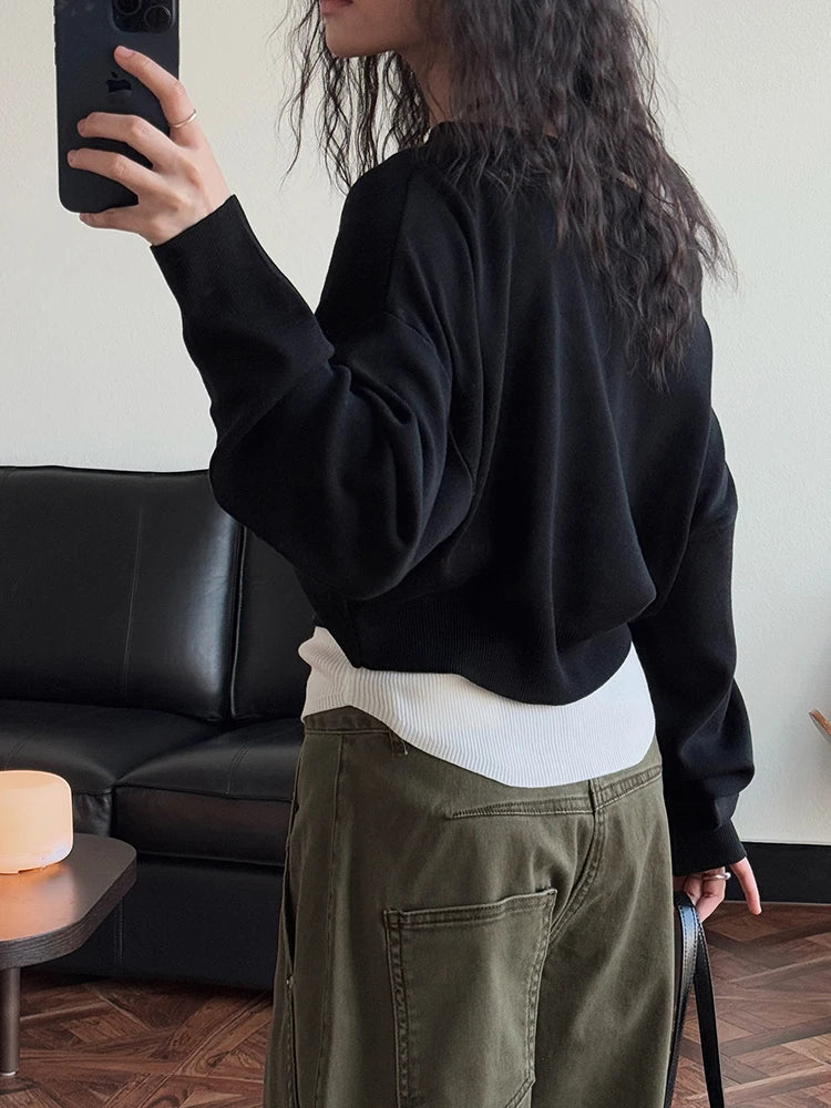 Black Color-block Knitting Sweater Irregular Neck Long Sleeve Women Pullovers New Fashion Tide Spring Autumn 2025 1DJ0158