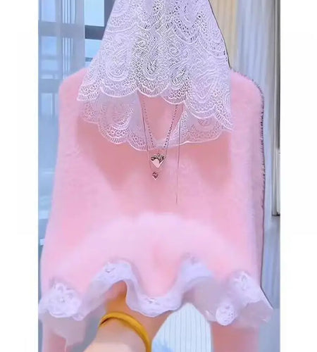 Autumn Winter Retro Patchwork Lace Hooded Elegant Warm Short Knitted Pullover Mink Sweater Women's Long Sleeved Tops Streetwear