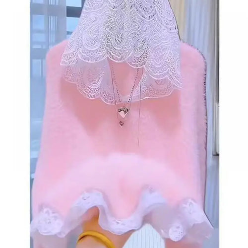 Load image into Gallery viewer, Autumn Winter Retro Patchwork Lace Hooded Elegant Warm Short Knitted Pullover Mink Sweater Women's Long Sleeved Tops Streetwear
