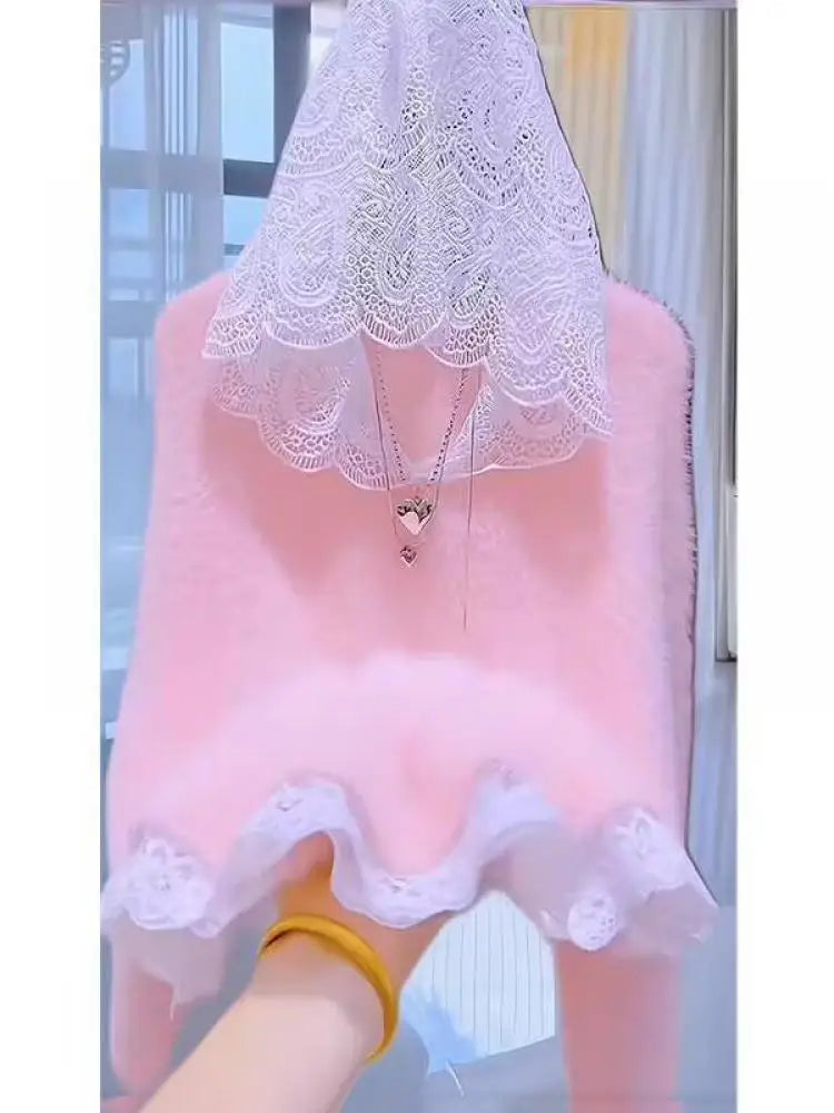 Autumn Winter Retro Patchwork Lace Hooded Elegant Warm Short Knitted Pullover Mink Sweater Women's Long Sleeved Tops Streetwear