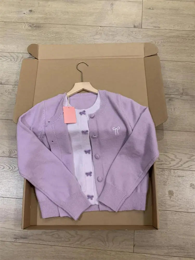 French Vintage Purple Patchwork Bow Single Breasted Cardigan Sweater Women Autumn Winter Round Neck Long Sleeve Knitwear Tops