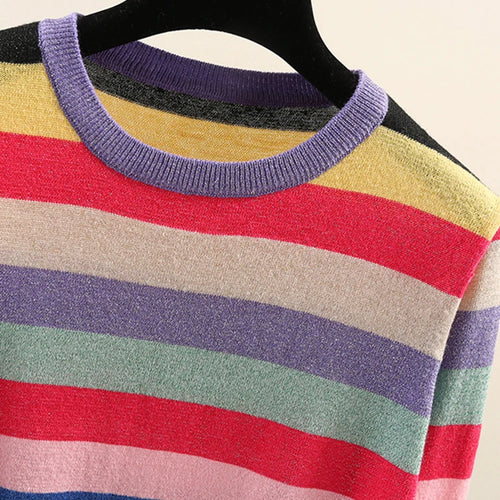 Load image into Gallery viewer, Rainbow Colorful Stripe Print Women Casual Sweaters Fashion O-neck Knitwear Loose Pullovers Lurex Jumper Pull  B-042
