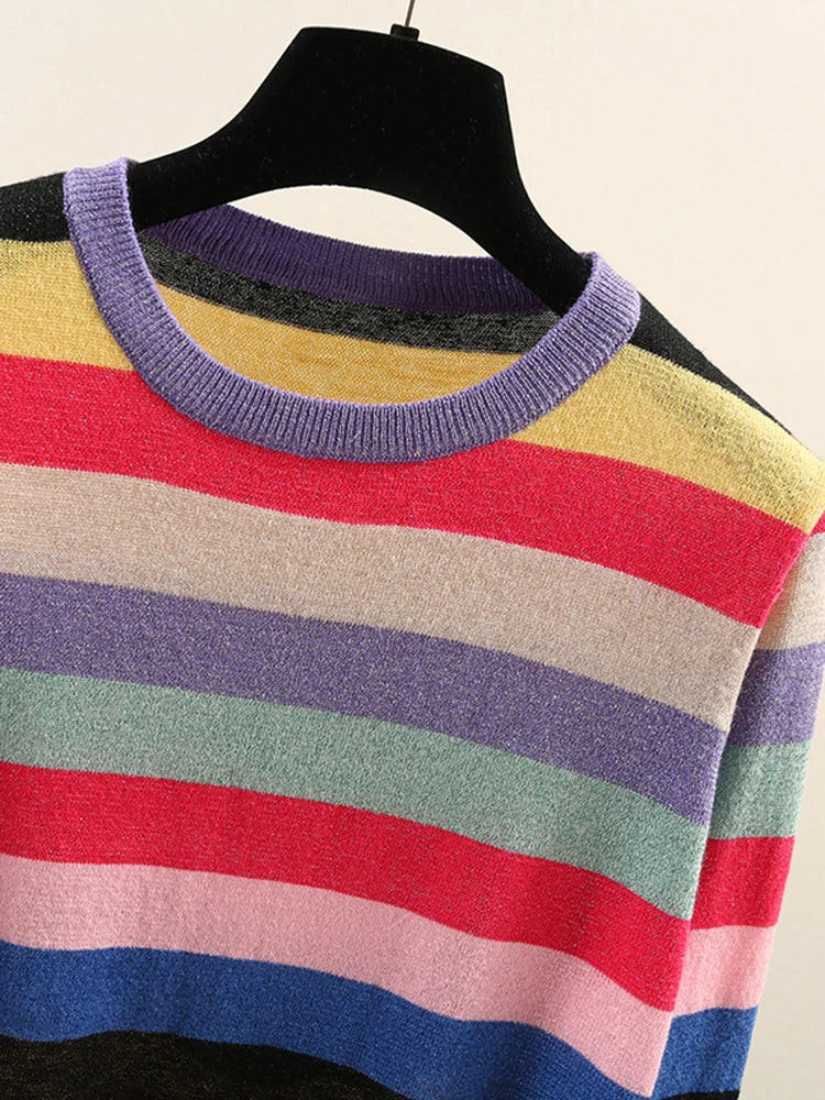 Rainbow Colorful Stripe Print Women Casual Sweaters Fashion O-neck Knitwear Loose Pullovers Lurex Jumper Pull  B-042