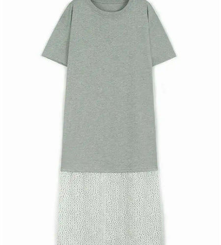 Women Gray Color-block Dot Big Size Long Elegant Dress New Round Neck Short Sleeve Fashion Spring Summer 2025  1DH6007