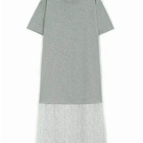 Load image into Gallery viewer, Women Gray Color-block Dot Big Size Long Elegant Dress New Round Neck Short Sleeve Fashion Spring Summer 2025  1DH6007
