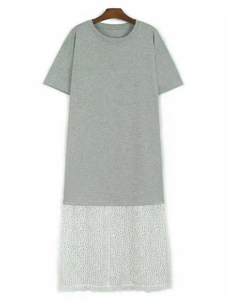 Women Gray Color-block Dot Big Size Long Elegant Dress New Round Neck Short Sleeve Fashion Spring Summer 2025  1DH6007