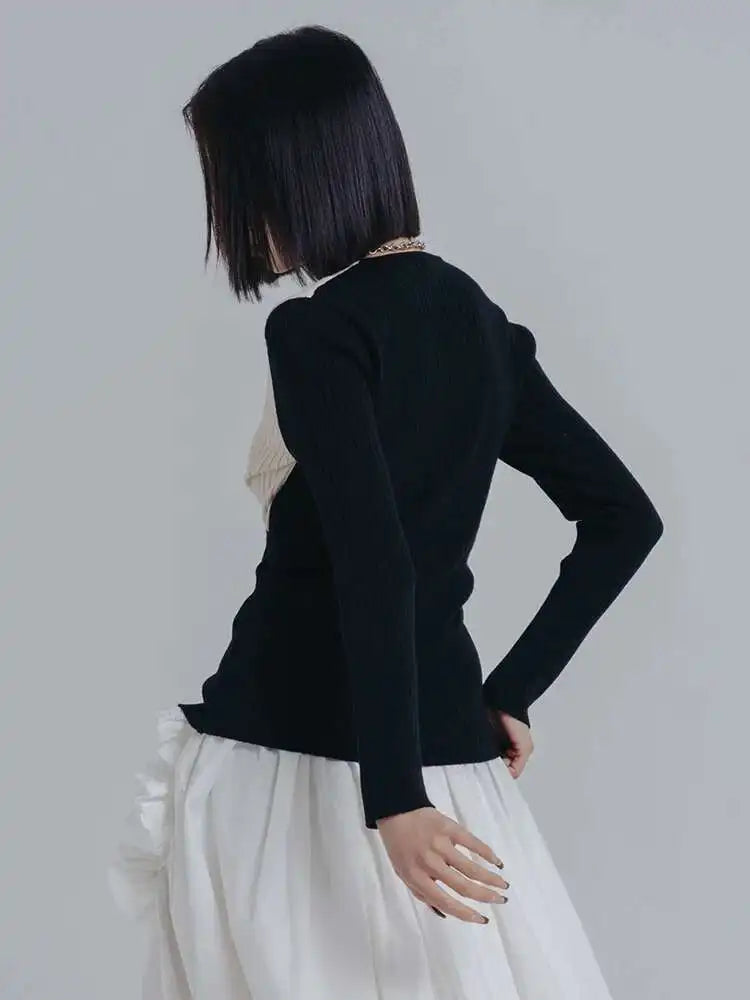 Irregular Color-block Knitting Sweater Fit V-Neck Long Sleeve Women Pullovers New Fashion Tide Autumn Winter 2025 1DE6584