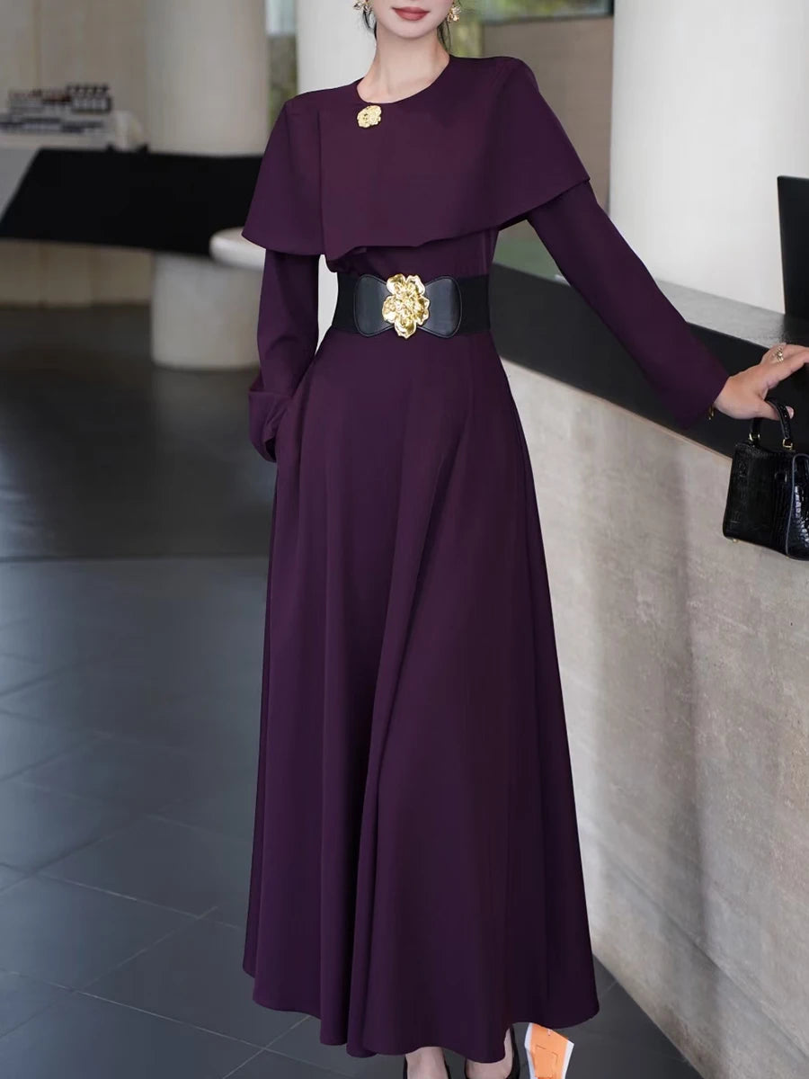 Solid Slimming Spliced Belt Temperament Dresses for Women Round Neck Long Sleeves Dress Female Fashion Clothing New