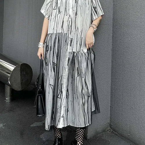 Load image into Gallery viewer, Women Black White Tie Dye Mesh Big Size Midi Shirt Dress New Lapel Short Sleeve Fashion Tide Spring Summer 2025 1DH5962
