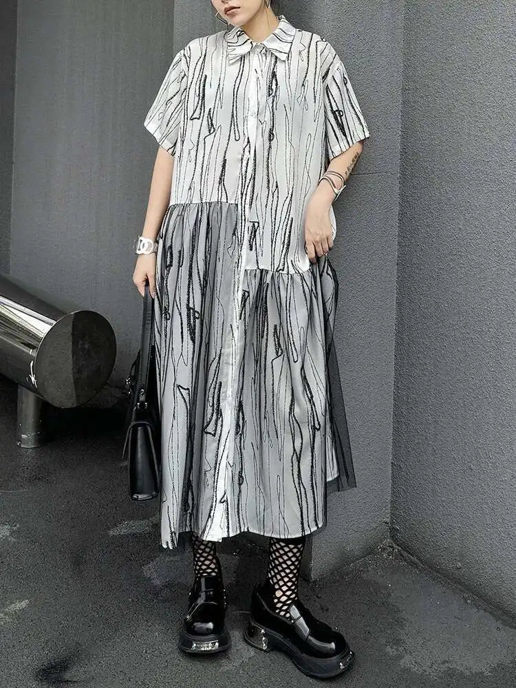 Women Black White Tie Dye Mesh Big Size Midi Shirt Dress New Lapel Short Sleeve Fashion Tide Spring Summer 2025 1DH5962