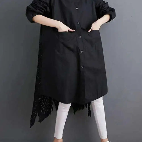 Load image into Gallery viewer, Women Black Back Lace Big Size Long Blouse New Stand Collar Long Sleeve Shirt Fashion Tide Spring Autumn 2025 1DH5873
