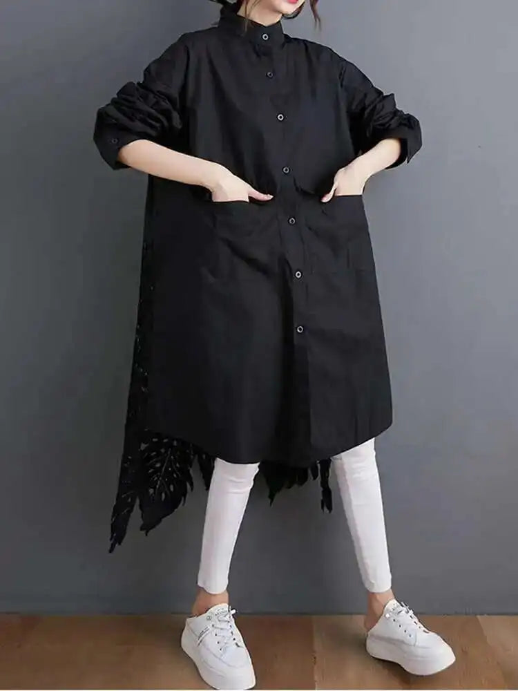 Women Black Back Lace Big Size Long Blouse New Stand Collar Long Sleeve Shirt Fashion Tide Spring Autumn 2025 1DH5873