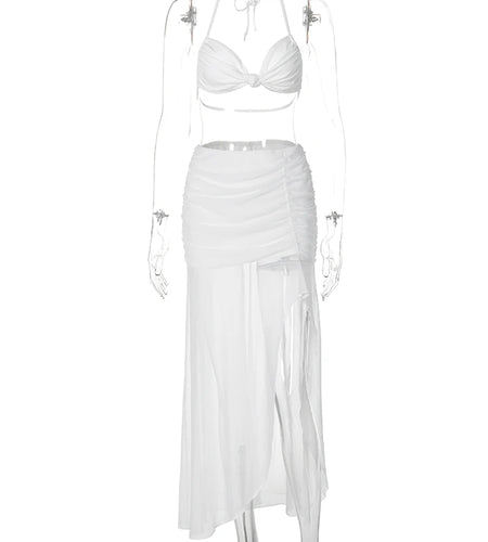 Women Fashion 2 Pcs Sets Halter Solid Lace Up Sexy Crop Camis Draped Slit Maxi Skirt Summer Outfits Beach Vacation Club