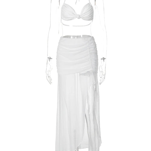 Load image into Gallery viewer, Women Fashion 2 Pcs Sets Halter Solid Lace Up Sexy Crop Camis Draped Slit Maxi Skirt Summer Outfits Beach Vacation Club
