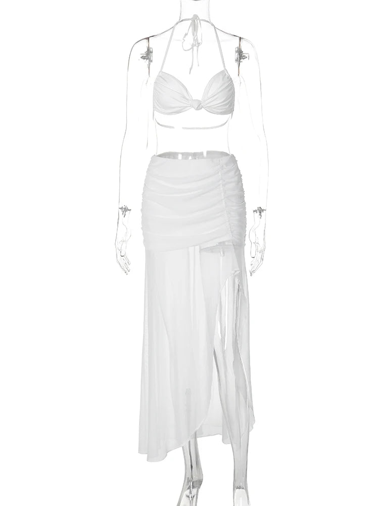 Women Fashion 2 Pcs Sets Halter Solid Lace Up Sexy Crop Camis Draped Slit Maxi Skirt Summer Outfits Beach Vacation Club