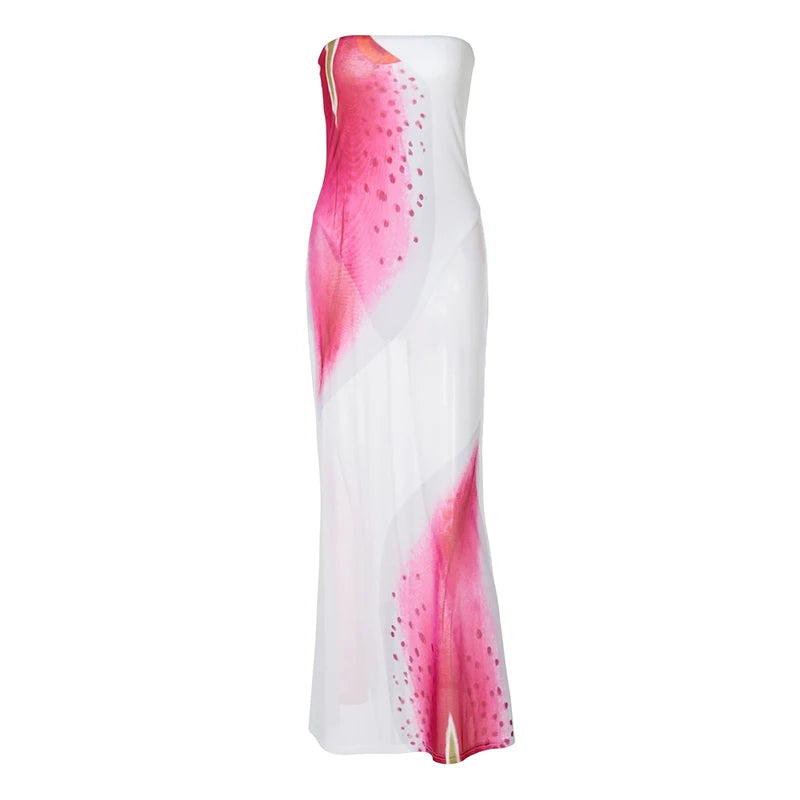 Mesh Floral Print Sexy Maxi Dress For Women Gown Off-shoulder Strapless Sleeveless Backless Bodycon Club Long Dress