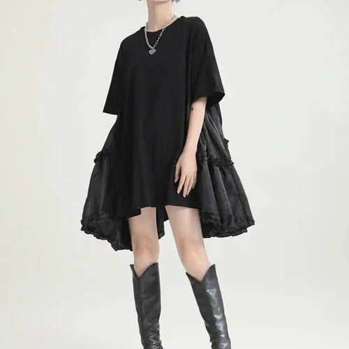 Load image into Gallery viewer, Women Black Ruffles Irregular Big Size Mini Dress New Round Neck Short Sleeve Fashion Tide Spring Summer 2025 1DH9574
