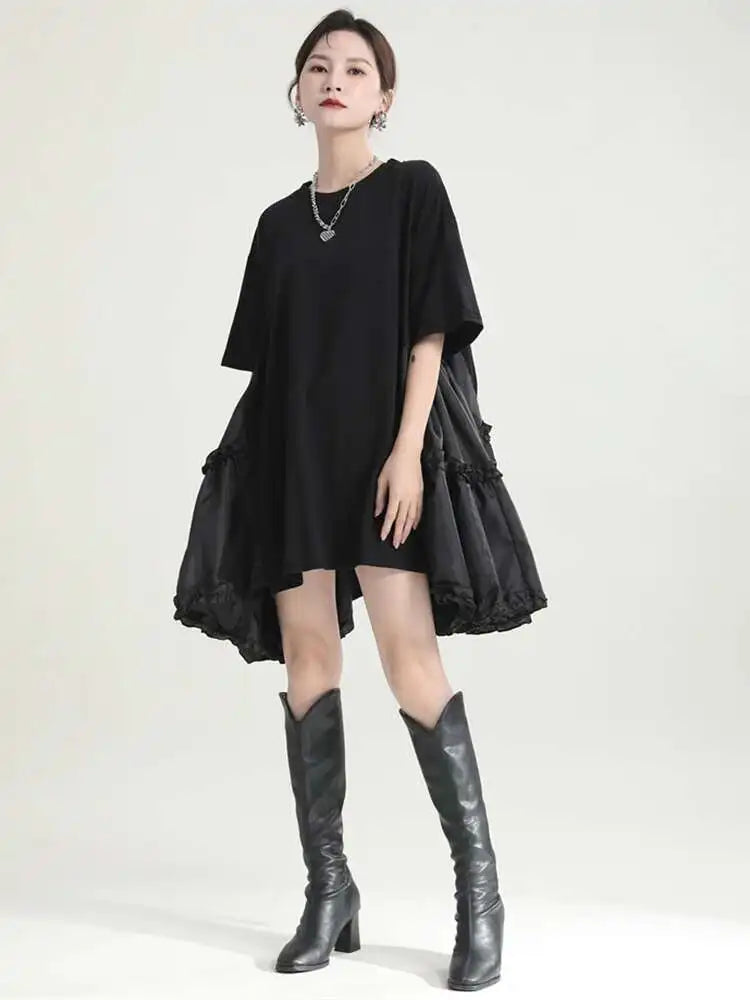 Women Black Ruffles Irregular Big Size Mini Dress New Round Neck Short Sleeve Fashion Tide Spring Summer 2025 1DH9574