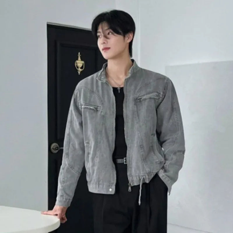 Spring Men's Jakect Washed Stand Collar Male Denim Jackets New Loose Style New Korean Solid Color Trendy Menwear 9W1454