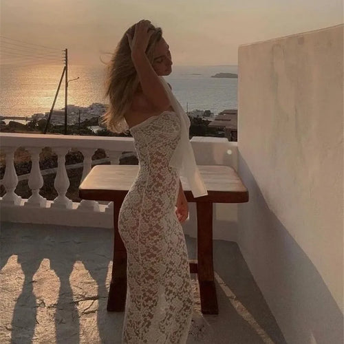 Load image into Gallery viewer, Lace See Through Sexy Midi Dress For Women Fashion Off-shoulder Strapless Sleeveless Backless Bodycon Club Party Dress
