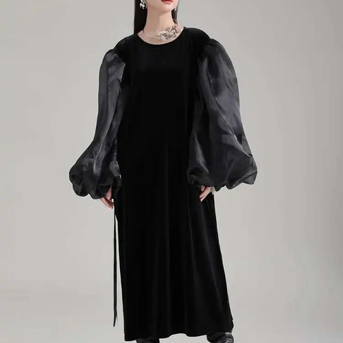 Load image into Gallery viewer, Women Black Organza Velvet Elegnat Big Size Dress New Round Neck Long Puff Sleeve Fashion Tide Spring Autumn 2025 1DH2248
