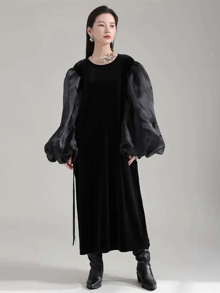 Women Black Organza Velvet Elegnat Big Size Dress New Round Neck Long Puff Sleeve Fashion Tide Spring Autumn 2025 1DH2248