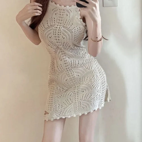 Load image into Gallery viewer, Y2k Knitted Hollow Out Sexy Mini Dress Women Autumn Knit Slip Party Bodycon Wrap Slim Spaghetti Strap Short Dresses
