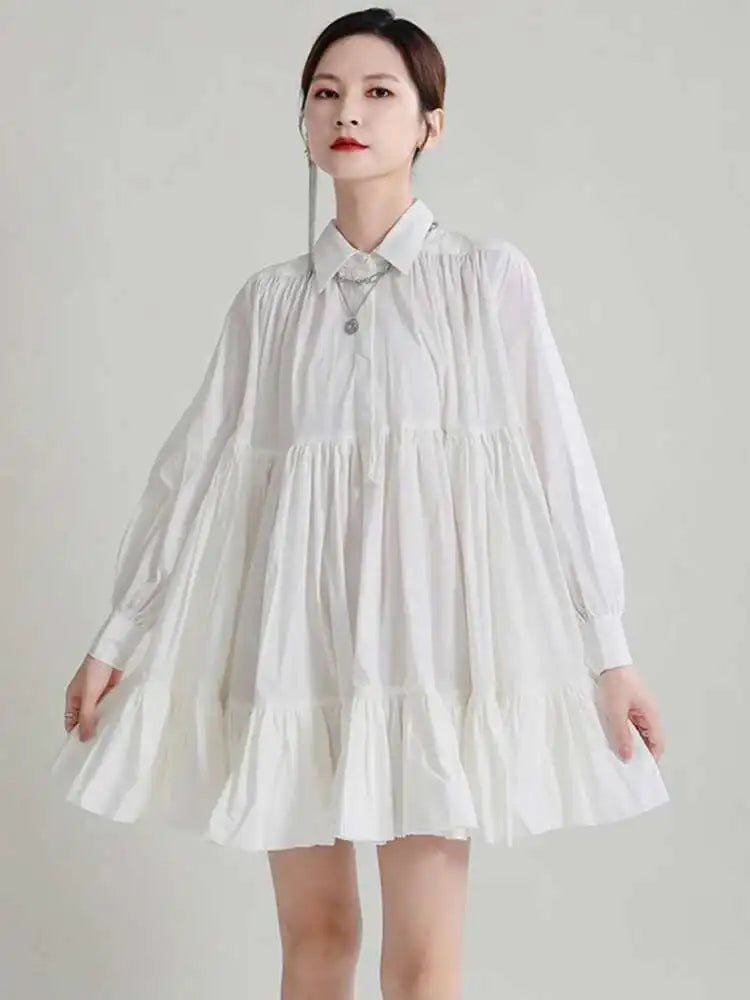 Women Black Pleated Elegant Mini Shirt Dress New Lapel Long Sleeve Loose Fit Fashion Tide Spring Autumn 2025 1DE365901