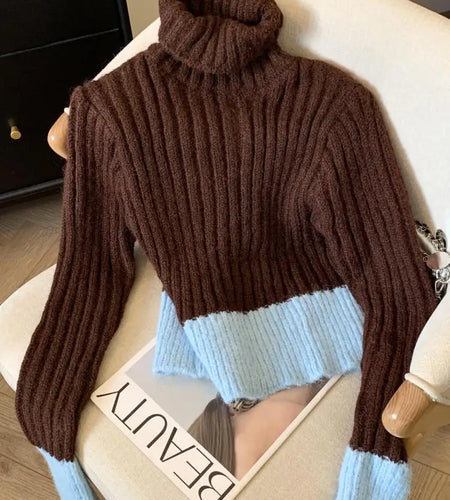 Korean Women Patchwork Pullover Sweater Autumn Winter Turtleneck Long Sleeve Slim Knitted Tops 2024 Ladies Casual Warm Clothing