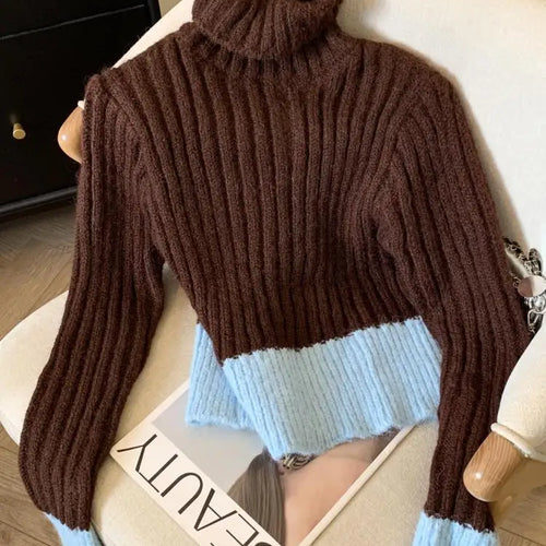 Load image into Gallery viewer, Korean Women Patchwork Pullover Sweater Autumn Winter Turtleneck Long Sleeve Slim Knitted Tops 2024 Ladies Casual Warm Clothing
