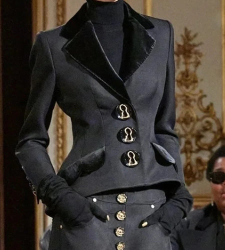 Solid Spliced Buttons Two Piece Sets for Women Lapel Long Sleves Jacket High Waist Wide Leg Pant Fashion Set Female