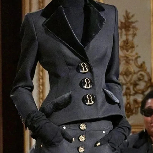 Load image into Gallery viewer, Solid Spliced Buttons Two Piece Sets for Women Lapel Long Sleves Jacket High Waist Wide Leg Pant Fashion Set Female
