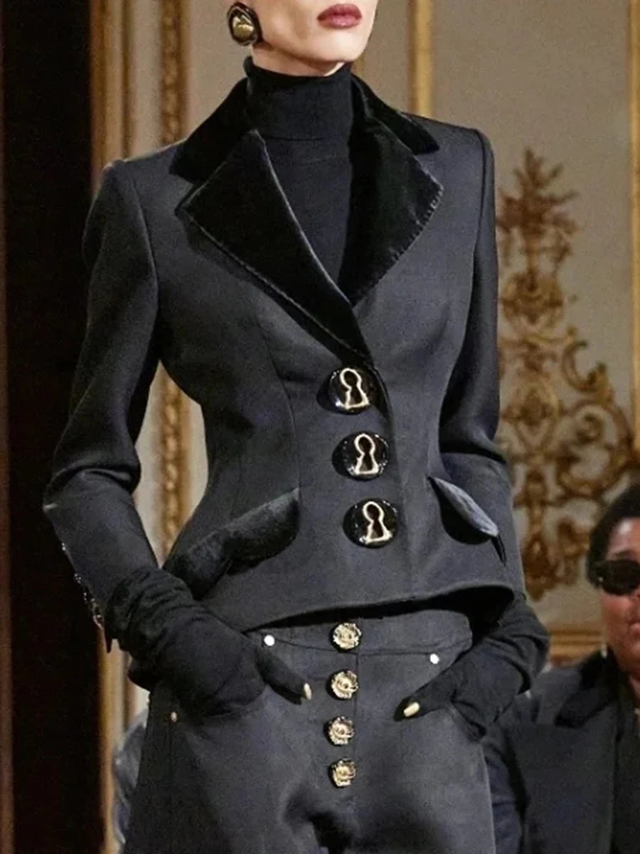 Solid Spliced Buttons Two Piece Sets for Women Lapel Long Sleves Jacket High Waist Wide Leg Pant Fashion Set Female