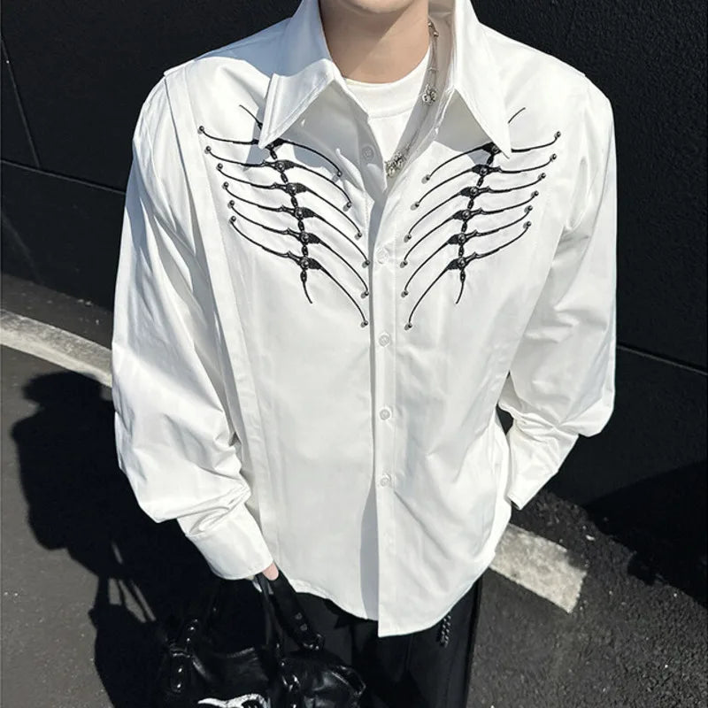 Men's Shirts New Spring Long Sleeve Clothing Embroidery Nail Bead Spine Design Pad Shoulder Turn-down Collar Menwear 9W1607