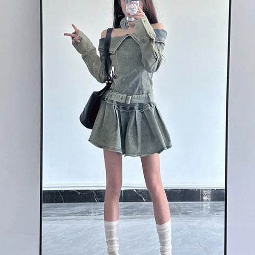 Load image into Gallery viewer, American Vintage Chic Slash Neck Long Sleeved Female Mini Dress Spring Basic Washed Fashion Denim Casual Simple Women Sexy Dress
