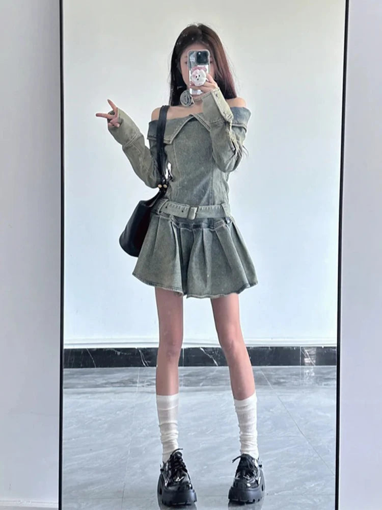 American Vintage Chic Slash Neck Long Sleeved Female Mini Dress Spring Basic Washed Fashion Denim Casual Simple Women Sexy Dress