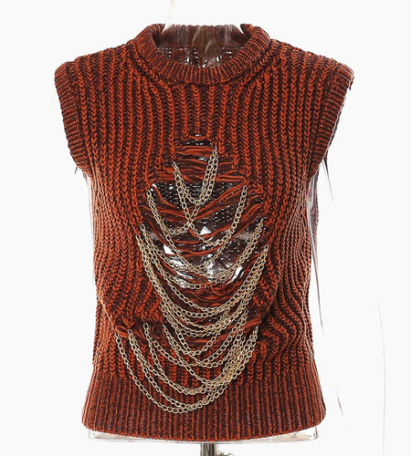 Metal Chain Knitting Sweater Loose Fit Round Neck Sleeveless Women Pullovers New Fashion Tide Autumn Winter 2025 1DF2067