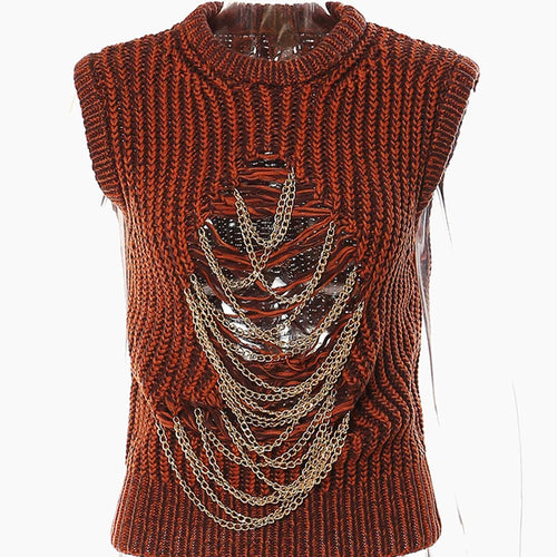 Load image into Gallery viewer, Metal Chain Knitting Sweater Loose Fit Round Neck Sleeveless Women Pullovers New Fashion Tide Autumn Winter 2025 1DF2067
