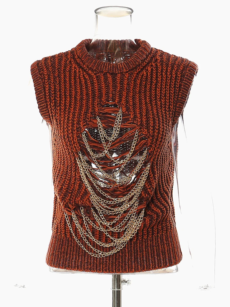 Metal Chain Knitting Sweater Loose Fit Round Neck Sleeveless Women Pullovers New Fashion Tide Autumn Winter 2025 1DF2067