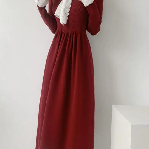 Load image into Gallery viewer, Korean Retro 2024 New Women Black Beige Patchwork Lace Holiday Pleated Dress Autumn Winter Red Bow Bandage Knitted Dress Popular
