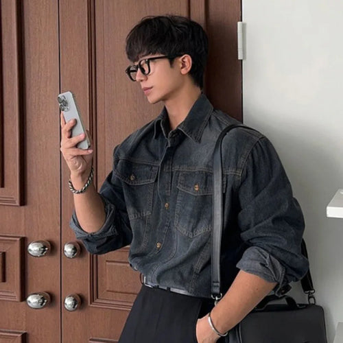 Load image into Gallery viewer, Men&#39;s Denim Shirt Solid Color Male Spring Single Breasted Shirts New Korean Turn-down Collar Loose Trendy Top 9W1450
